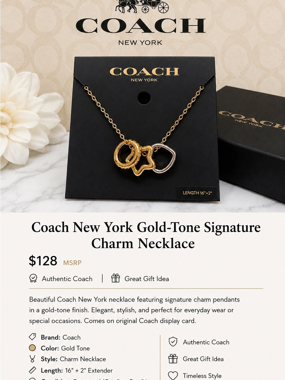 Coach Two-Tone Gold and Silver Interlocking Charm Necklace